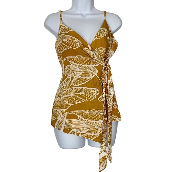 L'ATISTE Women Romper Tie Wrap Palm Sleeveless Sz S Yellow/Gold Summer HB-11 - Picture 1 of 11